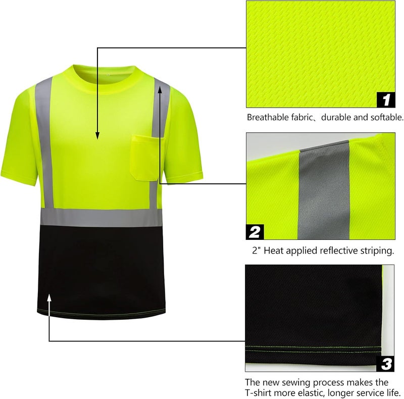 DPSAFETY High Visibility Shirts Quick Dry Safety T Shirts with Reflective Strips and Pocket Short Sleeve Mesh Hi Vis Construction Work Class 2 Shirt for Men/Women Black Bottom Lime,3XL - Image 2